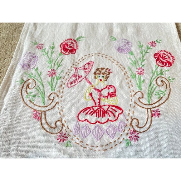 Vintage Table Runner Hand Embroidered Girl with Umbrella & Flowers decor 40" . - Picture 6 of 10